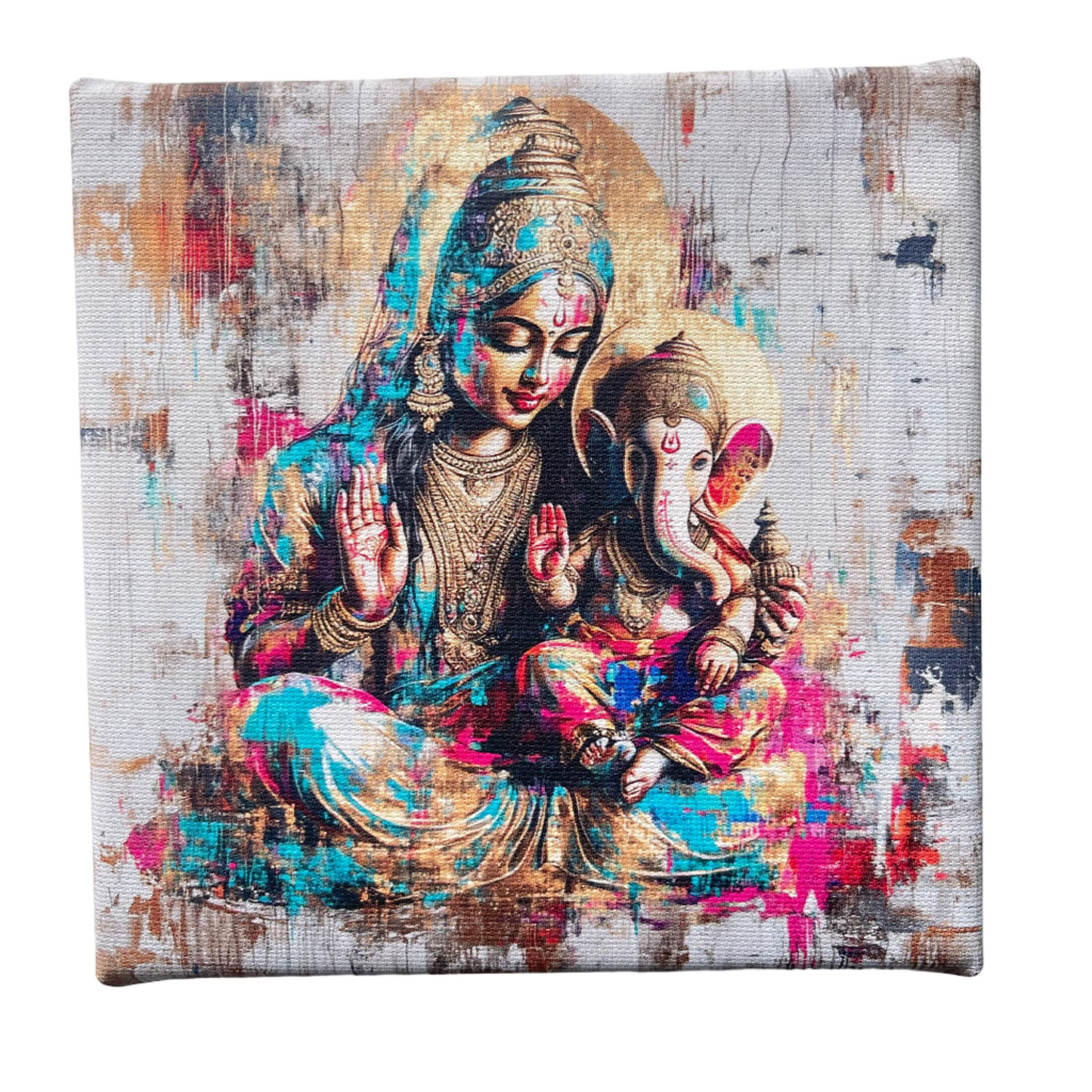 Canvas print with a colorful depiction of a deity and a baby Ganesh on a textured background
