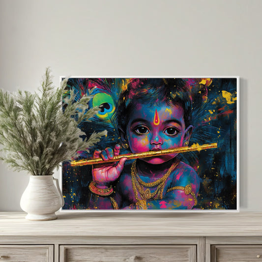 Baby Krishna Flute A3 Poster Print